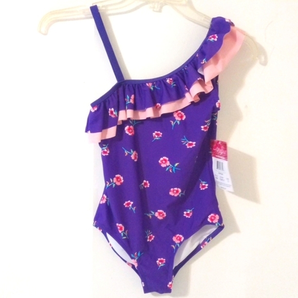 KANU SURF GIRLS PURPLE PINK FLORAL OFF SHOULDER ONE PIECE SWIMSUIT SIZE 12 NWT - Picture 1 of 6